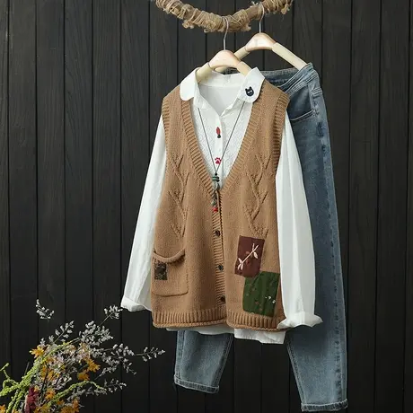 文艺复古贴布V领针织马夹开衫女装秋季新款宽松无袖马甲外搭上衣商品大图