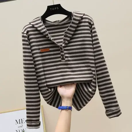 宽松休闲连帽条纹t恤女长袖上衣秋季新款显瘦百搭磨毛卫衣打底衫商品大图