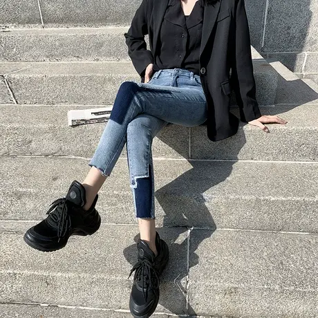 高腰牛仔裤女春秋2023年新款冬季加绒紧身显瘦九分铅笔修身小脚裤商品大图