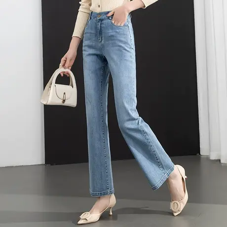 浅色高腰微喇牛仔裤女2023年新款春夏薄款女裤显瘦直筒长裤喇叭裤商品大图