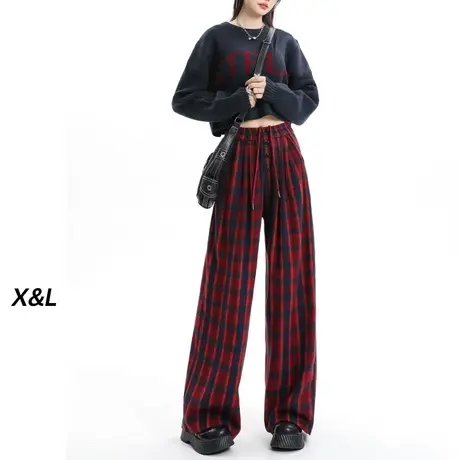 红色格子休闲裤女秋冬2023新款高腰复古直筒裤拖地阔腿灯芯绒裤子图片