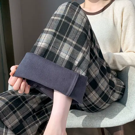 女士加绒裤子格子裤女秋冬天加厚复古直筒休闲裤小个子毛呢阔腿裤图片