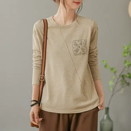 dza 复古贴布棉线针织衫女秋冬洋气内搭打底上衣宽松休闲圆领毛衣图片