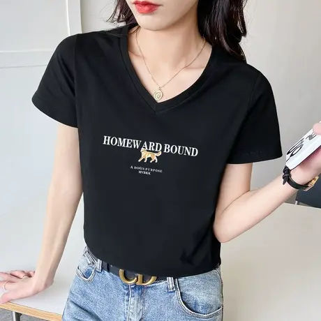 纯棉正肩袖v领短袖上衣2022年短袖t恤女显瘦ins潮宽松半袖内搭女商品大图