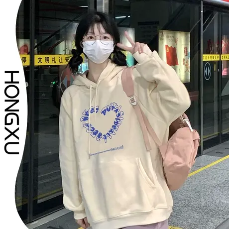 红续新款日系甜美风印花卫衣小众设计感连帽套头上衣加厚显瘦百搭图片