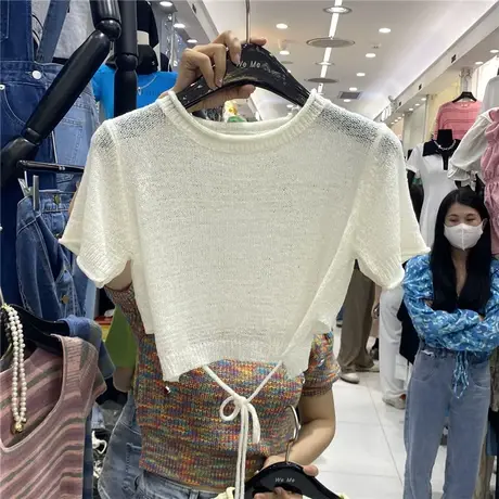 简约纯色短款针织衫女韩国Chic夏季百搭露腰系带洋气小衫短袖上衣图片