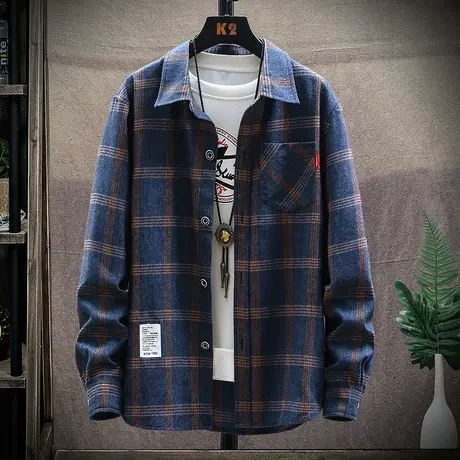 春秋款男士痞帅格子衫秋季潮牌翻领衬衫秋天美式排扣上衣男款外套图片