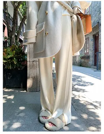 白色针织休闲裤子女薄款阔腿裤2023新款早春装高腰垂感拖地直筒裤商品大图