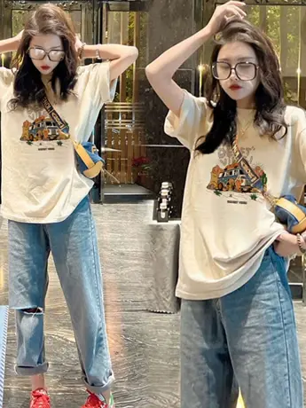 仿棉短袖T恤女上衣夏季2023新款韩版大码宽松圆领小众高级感女装图片