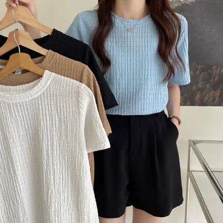 法式复古肌理纹短袖T恤女夏季新款宽松显瘦闺蜜装潮ins半截袖上衣商品大图