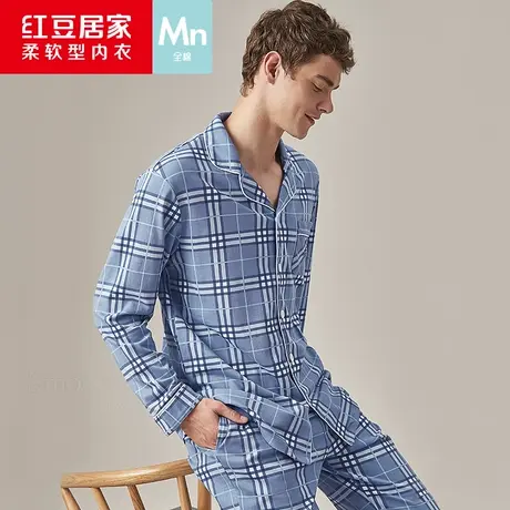 红豆居家纯棉睡衣男春秋宽松格子长袖家居服韩版全棉秋冬男士套装商品大图