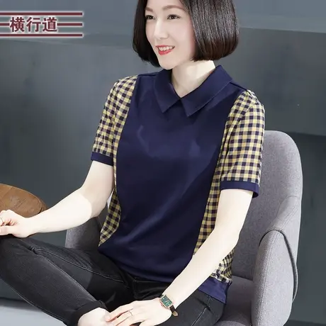 翻领拼接格子雪纺宽松短袖2025新款夏装纯色T恤休闲半袖拉链女衣商品大图