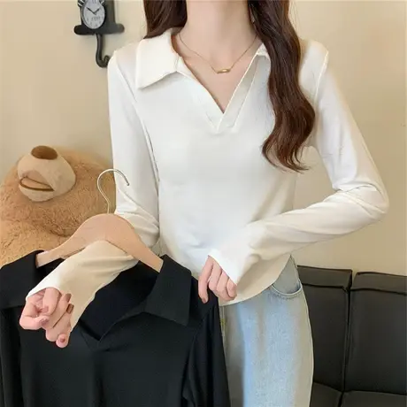早秋季纯色基础小清新短款polo衫女显瘦修身长袖百搭T恤上衣潮ins商品大图