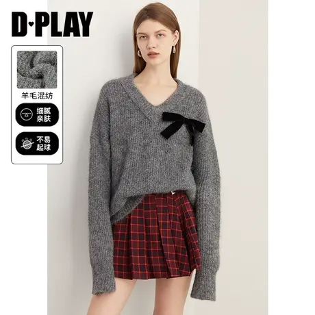 DPLAY冬装慵懒风灰色重磅加厚V领落肩宽松针织衫毛衣上衣女商品大图