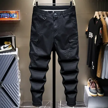 黑色休闲裤男潮牌直筒夏季韩版潮流宽松男士百搭弹力长裤子男学生图片