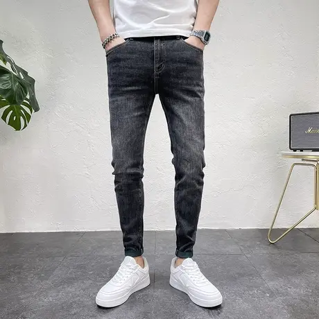 秋装新款男士长裤烫印牛仔裤男潮流休闲猫须刮烂修身小脚铅笔裤商品大图