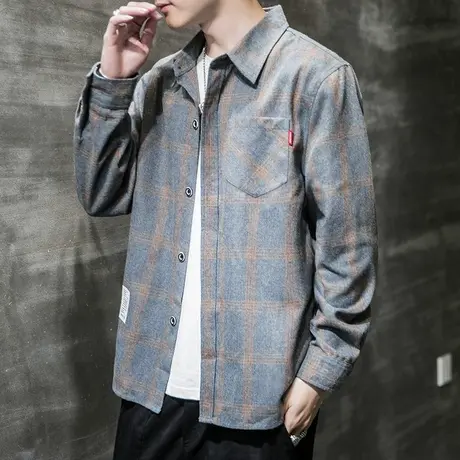 春秋款男生排扣工装格子衫春季男士潮牌翻领衬衫春天长袖衬衣外套商品大图