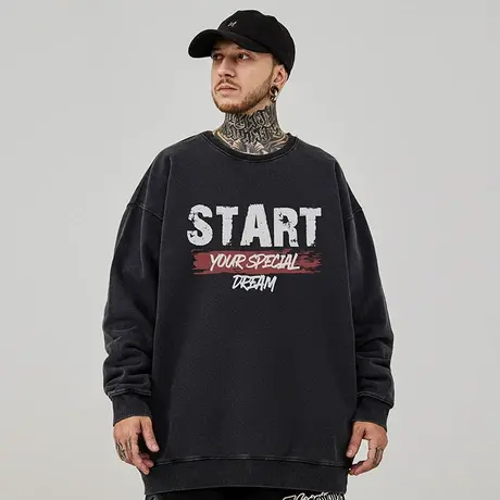 加肥加大码圆领美式重磅复古胖子男装字母宽松水洗做旧卫衣春秋季商品大图