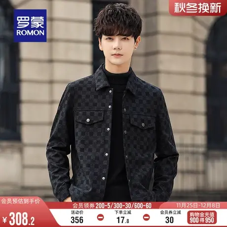 罗蒙男士棋盘格夹克衫2024春季时尚弹力潮流百搭休闲短款翻领上衣商品大图