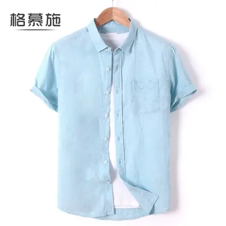棉麻男士夏季日系复古亚麻短袖中国风纯色方领休闲薄款衬衫商品大图