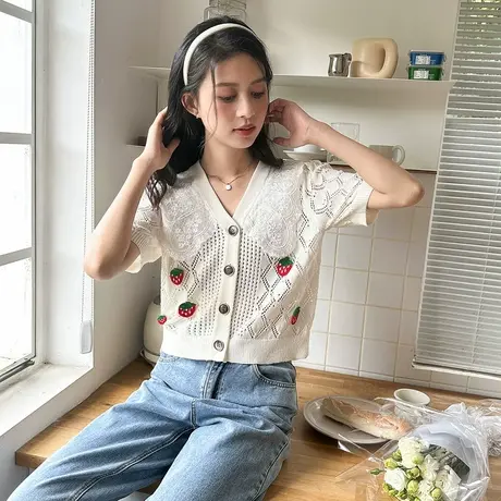 唐狮春夏季V领拼接短袖针织衫设计感甜美短款上衣女复古T恤图片