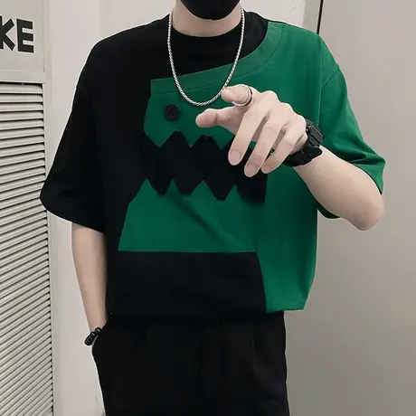 拼接短袖夏季潮牌痞帅撞色设计半袖T恤2023新款夏装网红休闲上衣商品大图