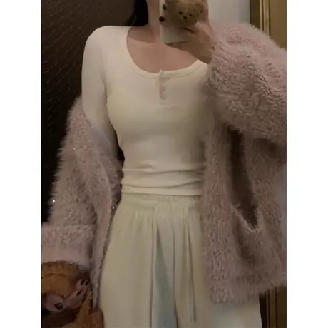 内搭短款打底小衫女冬季德绒保暖修身长袖T恤韩版方领正肩上衣潮商品大图