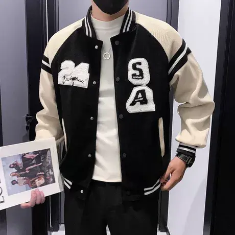 重磅美式休闲棒球服外套男春秋季拼接机车飞行员夹克潮流刺绣男装商品大图
