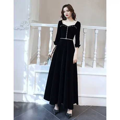 新款晚礼服女2020名媛高端大气优雅黑色丝绒连衣裙宴会气质端庄图片