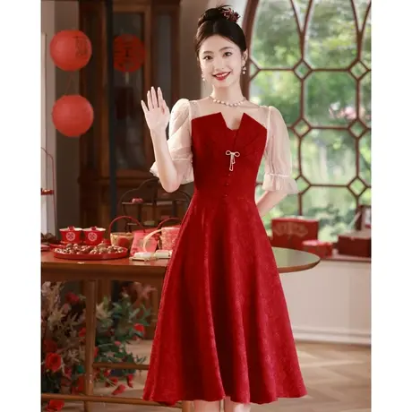 订婚礼服女夏季敬酒服新娘2024新款结婚当天便装红色连衣裙高级感商品大图