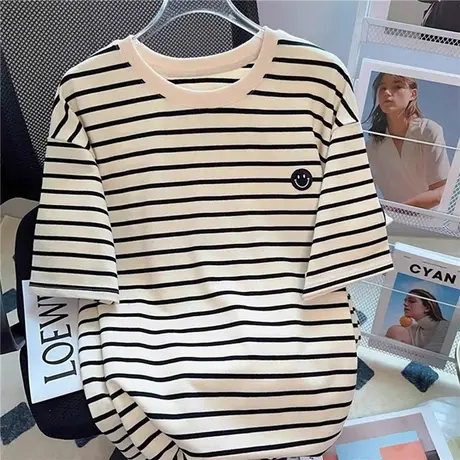 欧货条纹显瘦短袖t恤女夏季大码宽松小众设计感刺绣笑脸半袖上衣图片