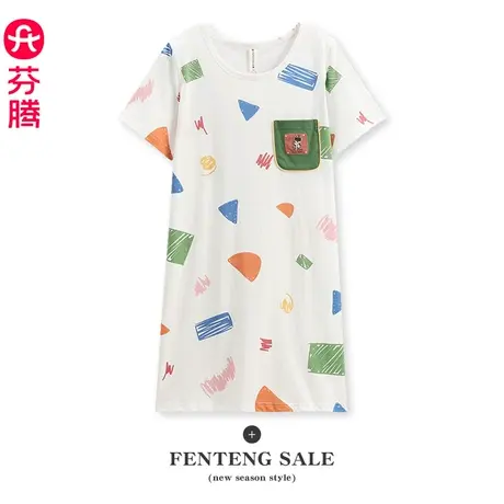 芬腾睡裙女夏季新款短袖纯棉带胸垫可爱卡通可外穿全棉家居服睡衣图片