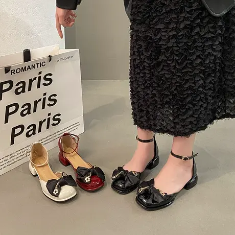 时装包头凉鞋女夏季2024年新款仙女风法式粗跟单鞋中空玛丽珍女鞋商品大图