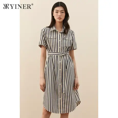 YINER音儿女装夏季条纹中长款系带裙i衬衫polo连衣裙图片