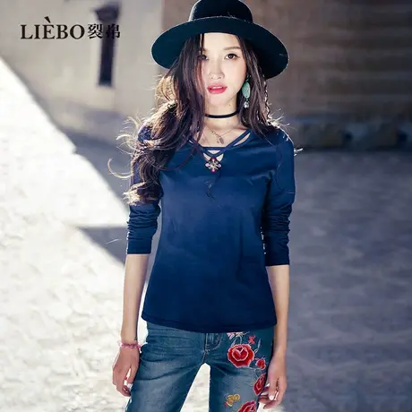裂帛别致镂空民族刺绣小V领长袖T恤女2024早春新款修身内搭打底衫图片