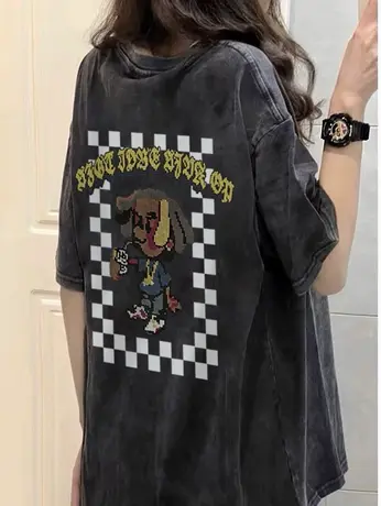 美式复古做旧短袖t恤女ins潮夏季2023新款宽松小个子潮牌半袖上衣商品大图