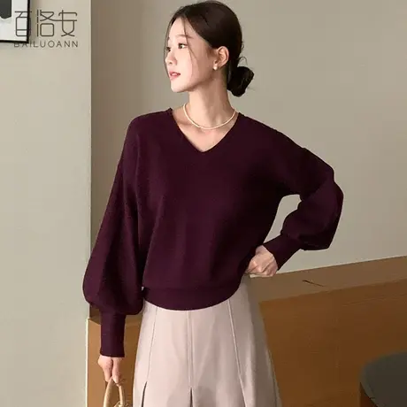 百洛安设计感别致灯笼袖针织衫女2024春时尚V领宽松套头毛衣上衣图片