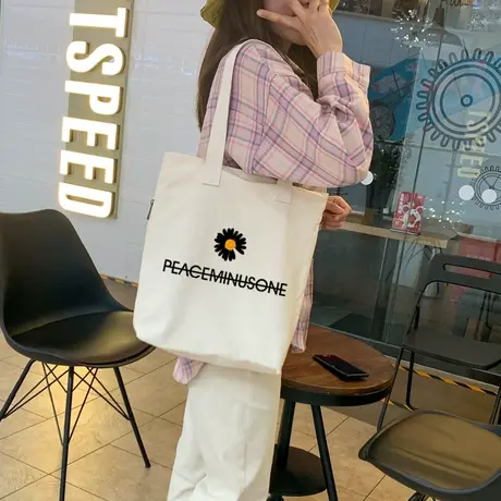 秀洛小雏菊印花帆布包女大学生上课大容量书包逛街单肩包斜挎包商品大图