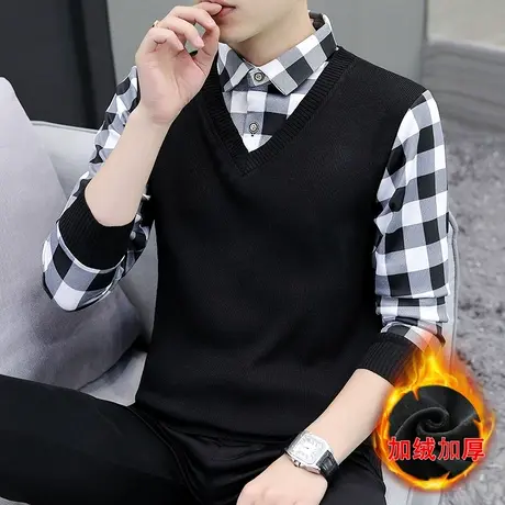 秋冬新款修身潮流加绒加厚条纹男士针织打底衫男衬衫领假两件毛衣图片