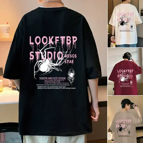 纯棉美式复古蝴蝶短袖t恤男夏季2024新款ins宽松帅气休闲圆领上衣商品大图