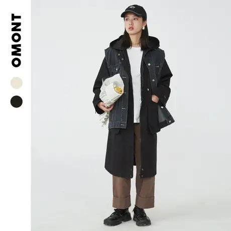 omont蛋挞家 复古宽松工装连帽风衣女中长款小个子大衣外套早秋季图片
