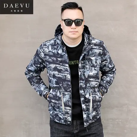 秋春新款印花大号潮胖子加肥加大码男士短款连帽夹克外套风衣商品大图