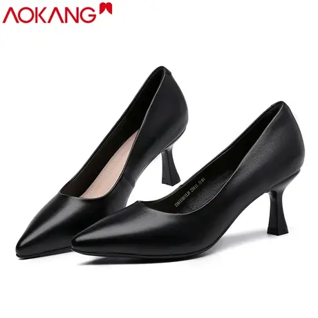 奥康女鞋真皮尖头高跟鞋细跟7cm2021年新款浅口职业性感黑色单鞋商品大图