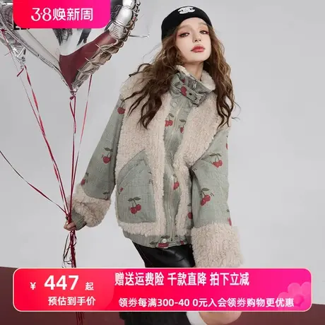 妖精的口袋拼接格纹厚外套女2023冬季新款小个子设计感印花上衣图片