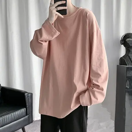 长袖T恤男士港版宽松上衣服潮流ins纯色打底衫男春季棉感内搭体恤商品大图