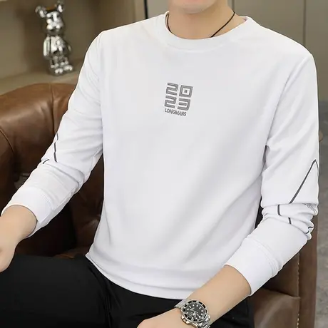 长袖t恤男秋季潮牌刺绣宽松圆领套头打底衫男装简约休闲内搭秋衣T商品大图
