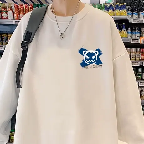 潮牌宽松无帽圆领卫衣男春秋季长袖t恤ins潮流美式内搭打底衫上衣图片