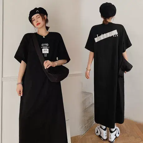 大码女夏装韩版长款过膝短袖T恤裙宽松开叉黑色连衣裙胖mm潮200斤商品大图