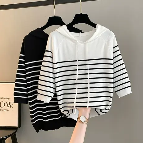 休闲条纹连帽短袖上衣2023年夏季新款简约质感百搭拼接薄款T恤女商品大图