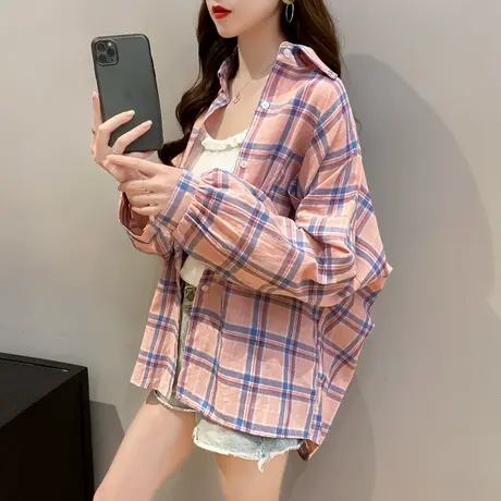 很仙的防晒衫衬衣2023外套宽松薄款格子衬衫女设计感小众复古港味图片